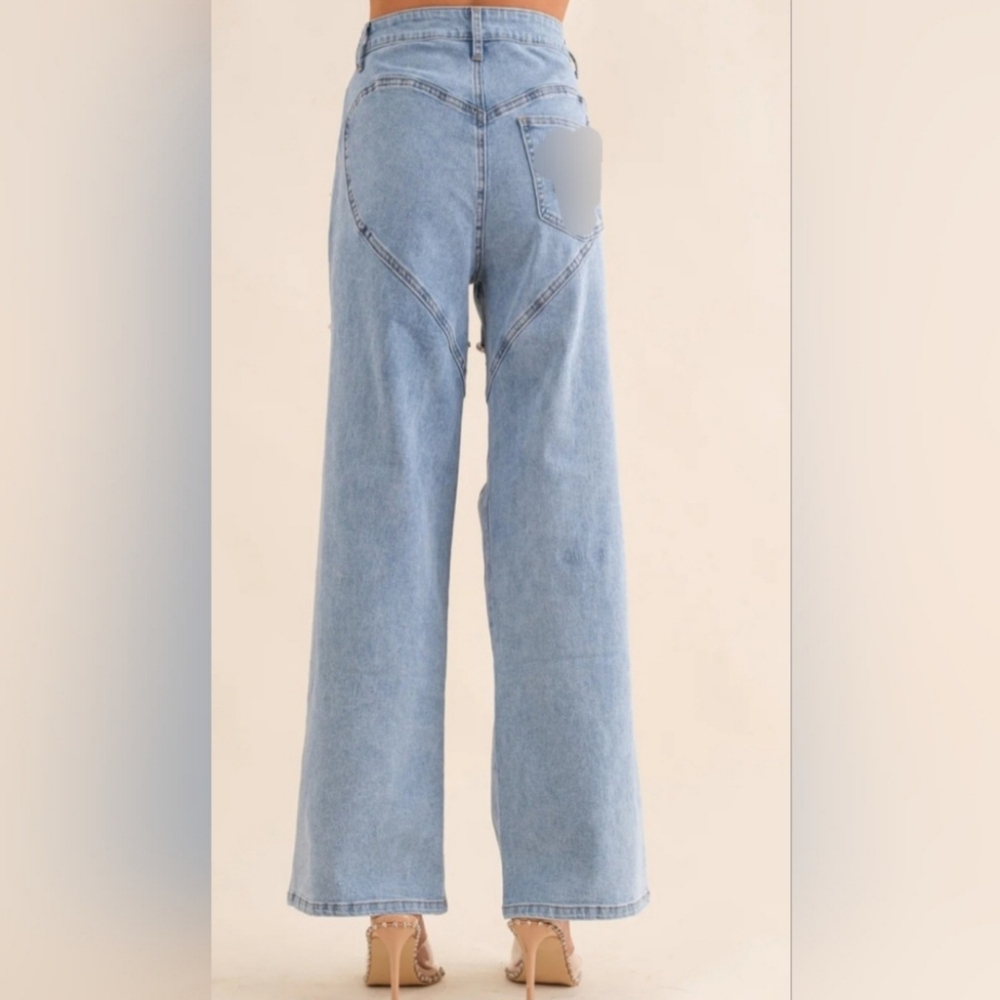 #59585 🛑S, L FABULOUS Cut Out Front Rhinestone Washed Denim Jeans - Picture 13 of 16